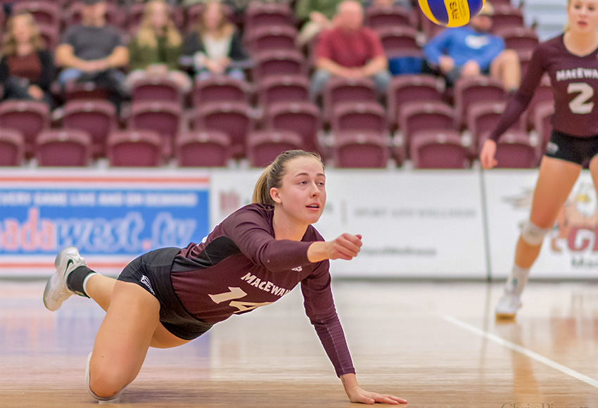 Carly Weber digs out a ball during a recent game at the David Atkinson Gym. The Griffins lost 3-0 to Alberta on Friday night (Chris Piggott photo).