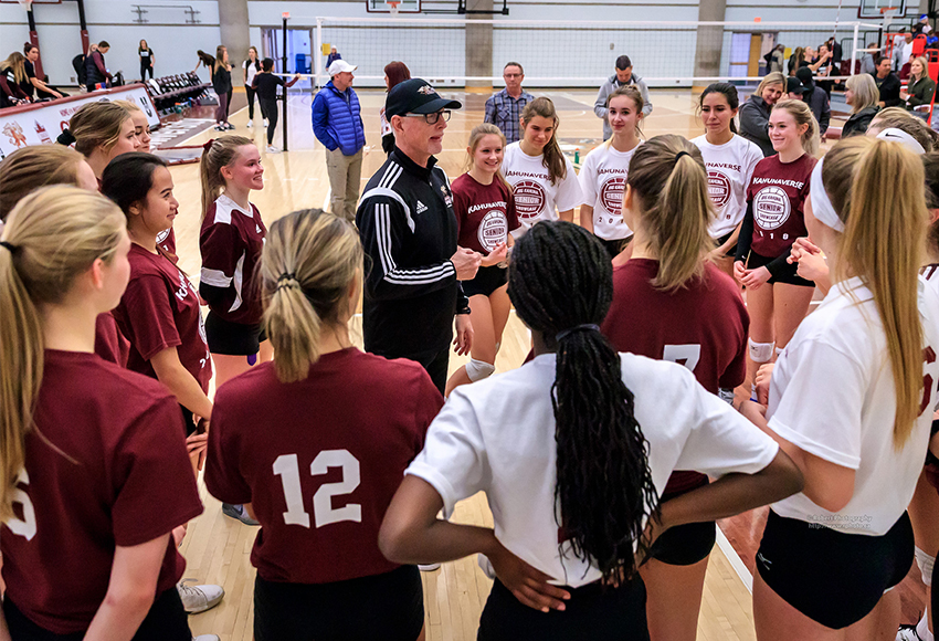 MacEwan women's volleyball head coach Ken Briggs addresses 2018 Big Kahuna Senior Showcase participants. The game is hosted by Griffins players, who fill all the game day roles (Robert Antoniuk photo).