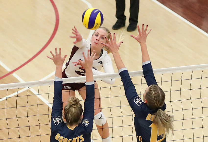Hailey Cornelis, seen in action against Brandon earlier this season, led the Griffins with 17 kills and 18 digs in Friday's 3-1 win over the Saskatchewan Huskies (Eduardo Perez photo).