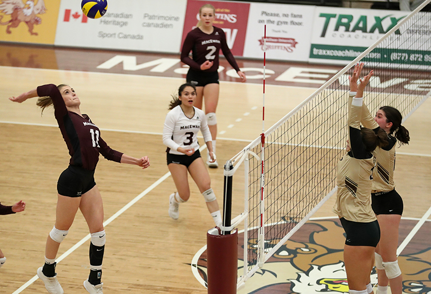 McKenna Stevenson launches into an attack on Saturday. She led the Griffins with 10 kills in their 3-0 win over Manitoba (Eduardo Perez photo).
