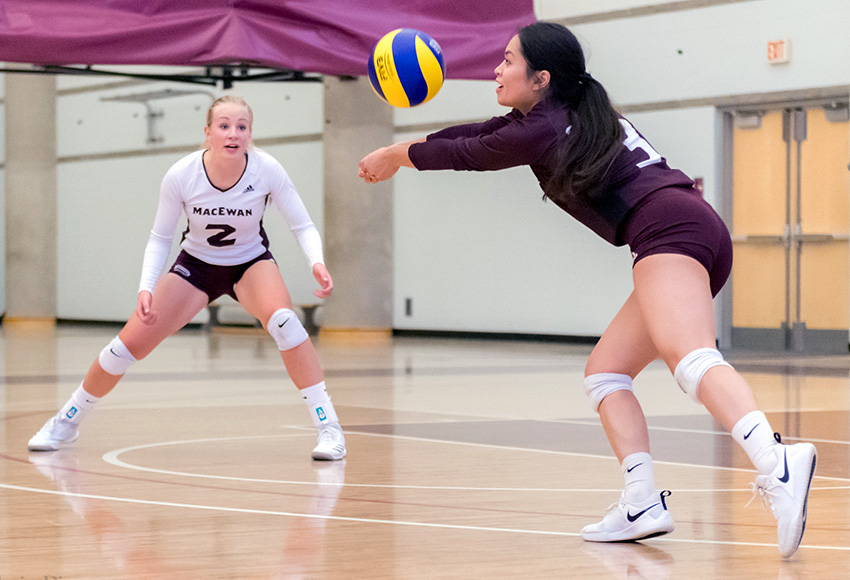 Rachel Jorvina passes a ball during preseason action in the David Atkinson Gym earlier this fall. The fourth-year veteran is the Griffins' new starting libero (Chris Piggott photo).
