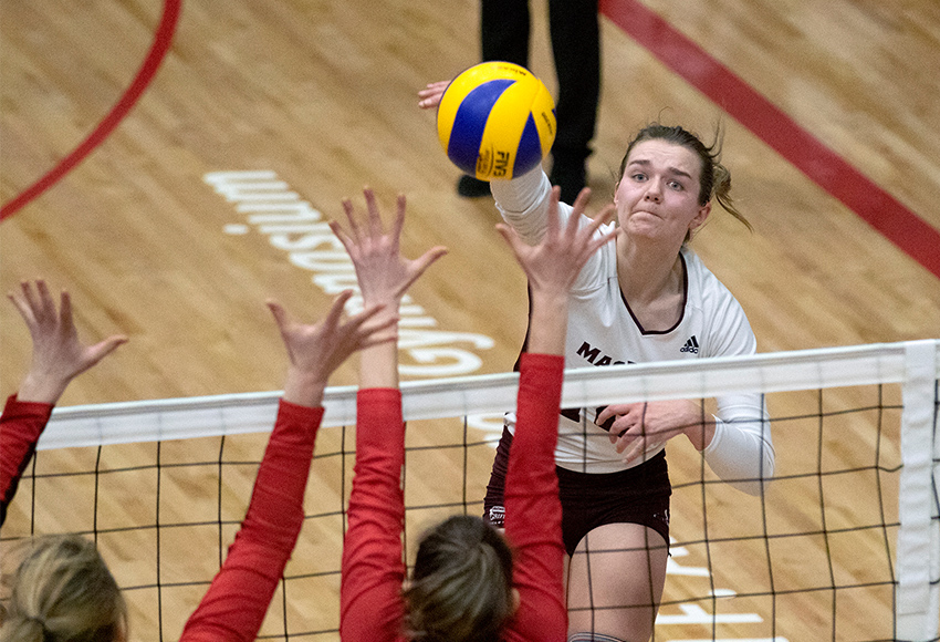 Joslyn Peters, seen in action against Winnipeg last weekend, entered the match against UBC-Okanagan on Friday in the second set and combined with fellow backup Mackenzie Oshanek-Gladue to change the Griffins' fortunes (David Larkins photo).