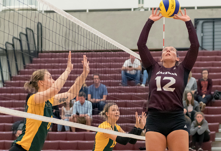Starting setter Kylie Schubert is among 12 returning players for a Griffins team which enters a new season with wins over traditional conference powerhouses Alberta (above) and UBC in preseason action (Chris Piggott photo).