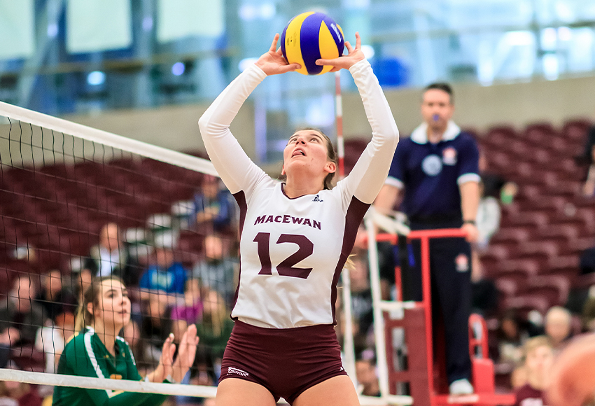 Kylie Schubert sets a ball in a game against Regina earlier this season. She's coming off a weekend where she tied the program record for most assists in a Canada West match with 53 against Saskatchewan last Friday (Robert Antoniuk photo).