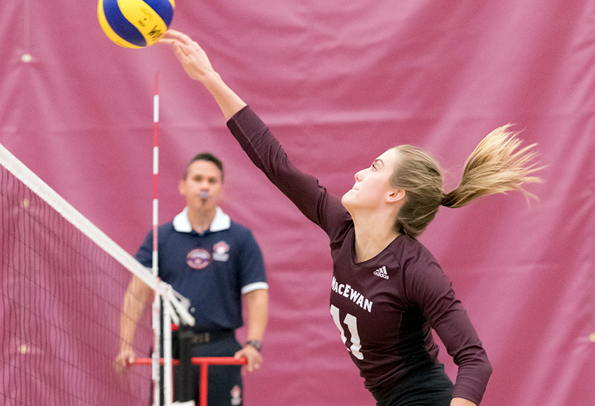 McKenna Stevenson had a game-high 18 kllls and added seven blocks for the Griffins in their season-opening loss to Mount Royal University (Chris Piggott photo).