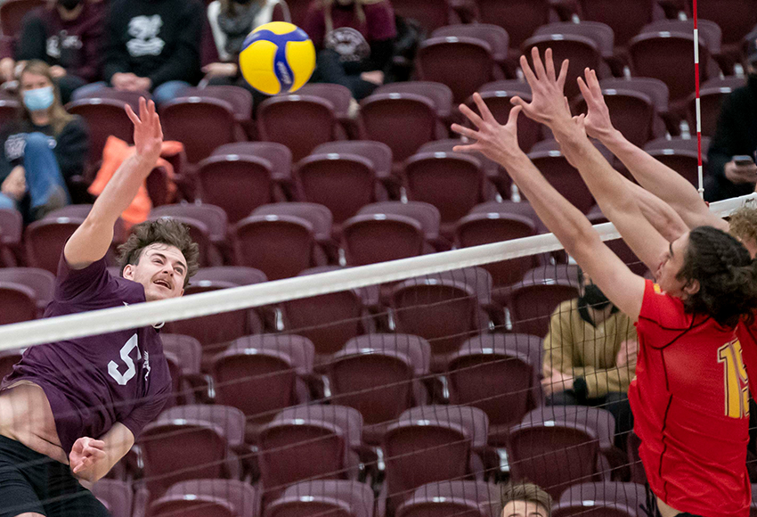 Jefferson Morrow led the Griffins with eight kills and seven digs in a 3-0 loss to the Calgary Dinos on Friday night (Eduardo Perez photo).