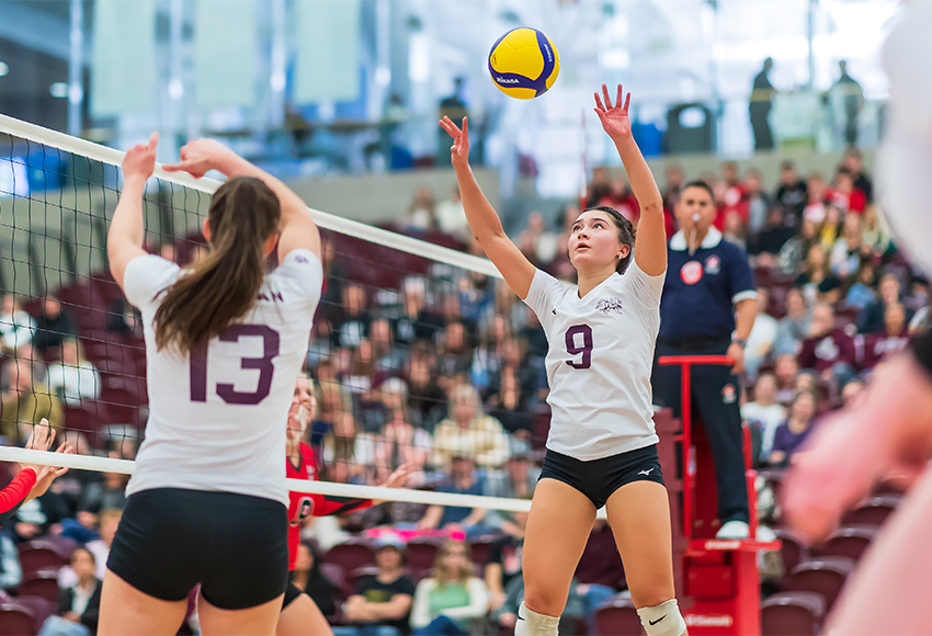 Payton Shimoda sets up a play during action at MacEwan earlier this season. She led the Griffins with five service aces in a three-set victory over Brandon on Saturday (Robert Antoniuk photo).
