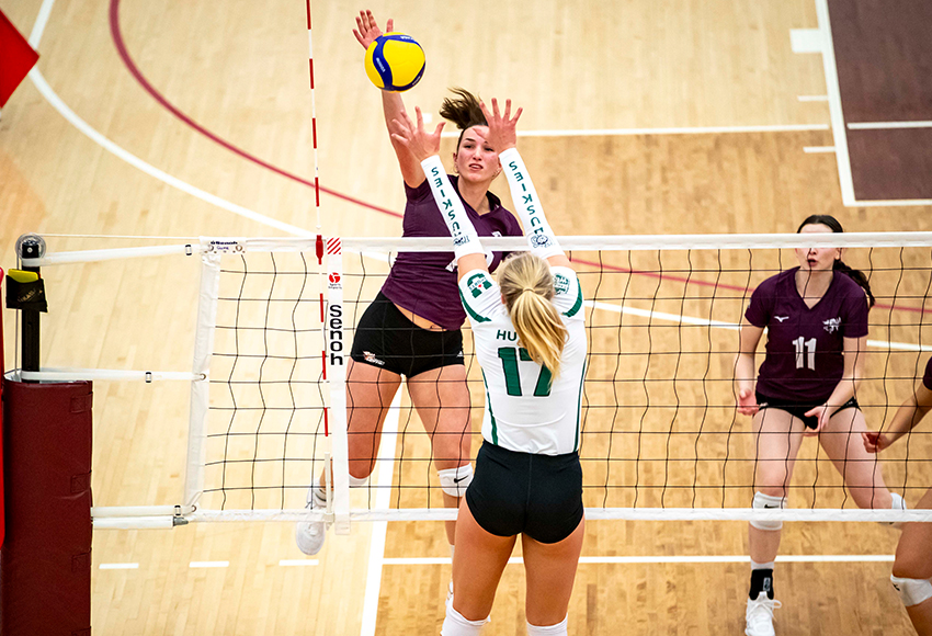Sarah McGee hits over the Saskatchewan block during action last weekend. The Griffins are headed west to face the UFV Cascades on Friday and Saturday (Eduardo Perez photo).