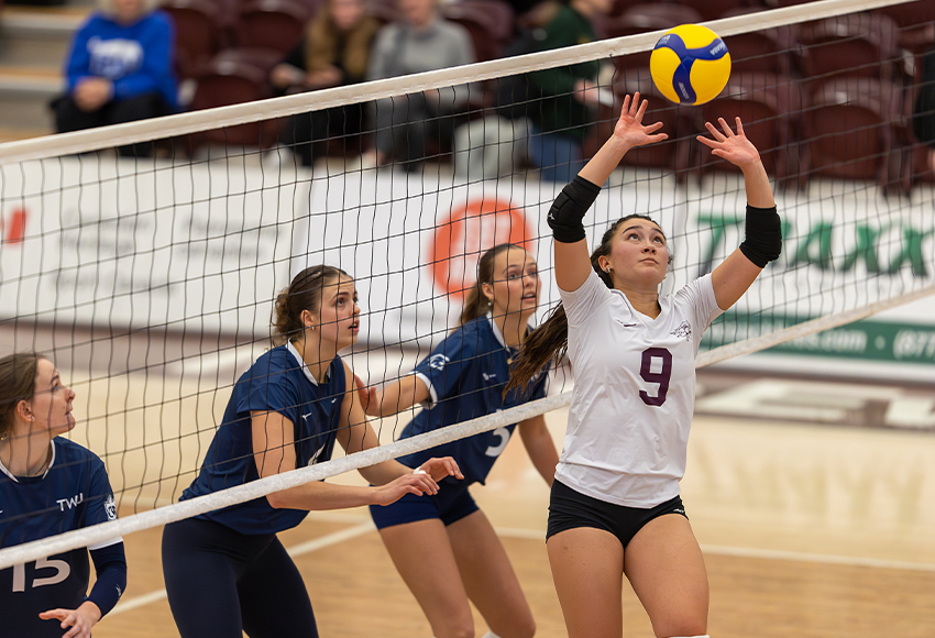 Setter Payton Shimoda led the Griffins with 20 assists and moved past Kylie Schubert (1,614) into second all-time at MacEwan with 1,620 career Canada West assists (Robert Antoniuk photo).