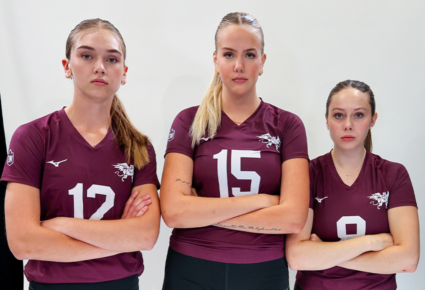 Kara Frith, left, Lauren Tensen and Ella Black are ready for the Griffins' home opener vs. Trinity Western on Friday, 5 p.m., David Atkinson Gym (Jefferson Hagen photo).