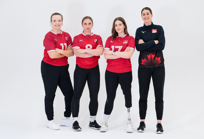 Team Canada women's sitting volleyball athletes Heidi Peters, left, Sarah Melenka and Allison Lang, along with head coach Nicole Ban all have MacEwan connections.