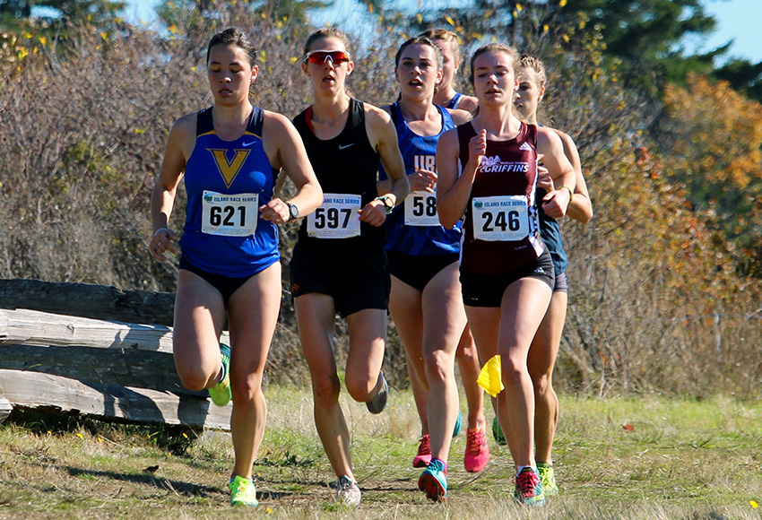MacEwan's Emma Steele, right, shown competing in Victoria earlier this season, finished 11th among Canada West competitors at the U SPORTS national championship in Kingston, Ont. on Saturday.