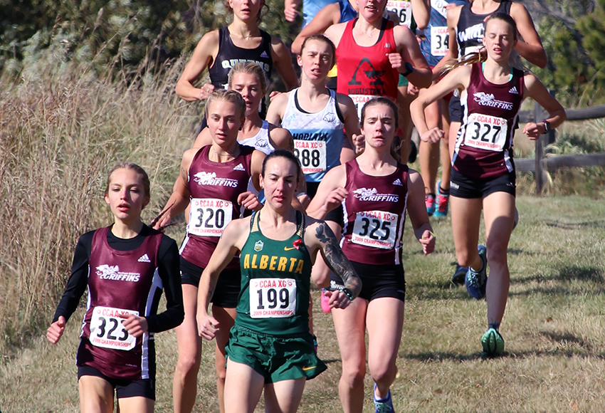 MacEwan's top four women's racers run in a pack of competitors on Saturday. Kiana Row, left, Ember Large, Emma Steele and Ashley Tymkow all finished in the top eight (Linda Miller photo).