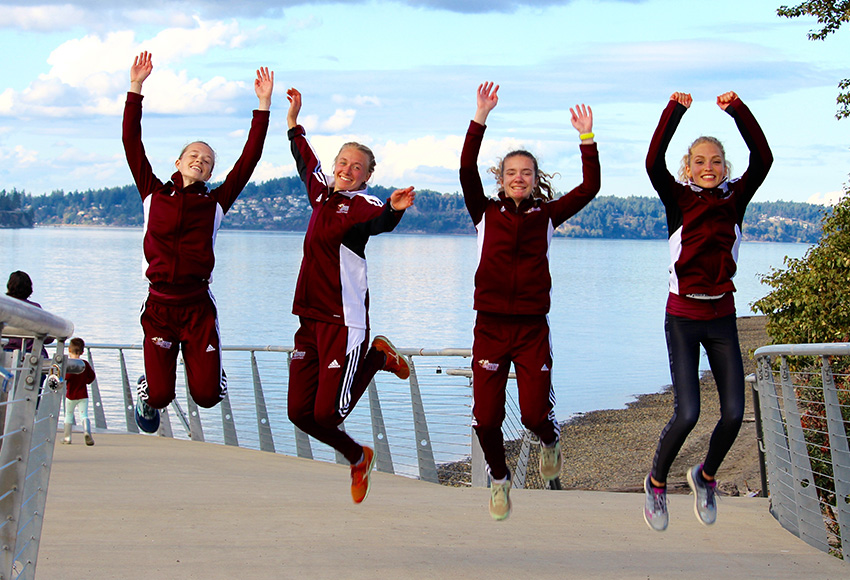 MacEwan's strong top four - Ashley Tymkow, left, Ember Large, Emma Steele and Kiana Row - have some fun after a race in Seattle earlier this month. They all have a chance to contend for Canada West all-star teams this Saturday (Linda Miller photo).
