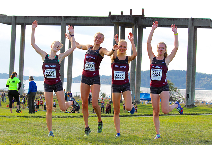 Ashley Tymkow, left, Ember Large, Kiana Row and Emma Steele all ran the 5K under 19 minutes on Saturday - the best result a MacEwan women's cross-country team has ever had at that distance (Linda Miller photo).