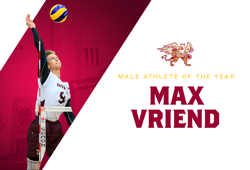 Max Vriend is the Griffins' 2019-20 Male Athlete of the Year after a huge final season where he broke or matched seven program records and earned the first Canada West all-star honour by a MacEwan men's volleyball player (Robert Antoniuk photo).