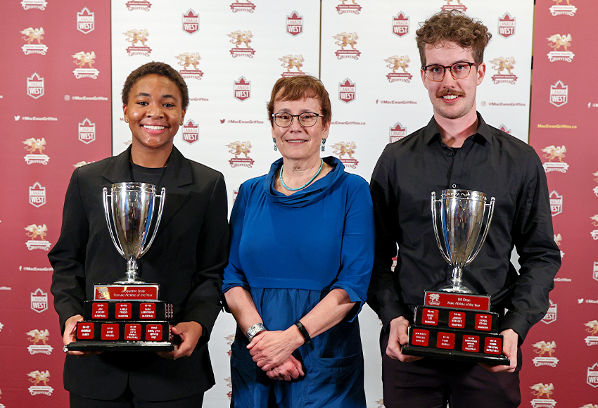 Grace Mwasalla, left, and Ashton Abel pose with MacEwan University President and Vice-Chancellor Dr. Annette Trimbee after being named the MacEwan Athletes of the Year on Saturday night (Joel Kingston photo).