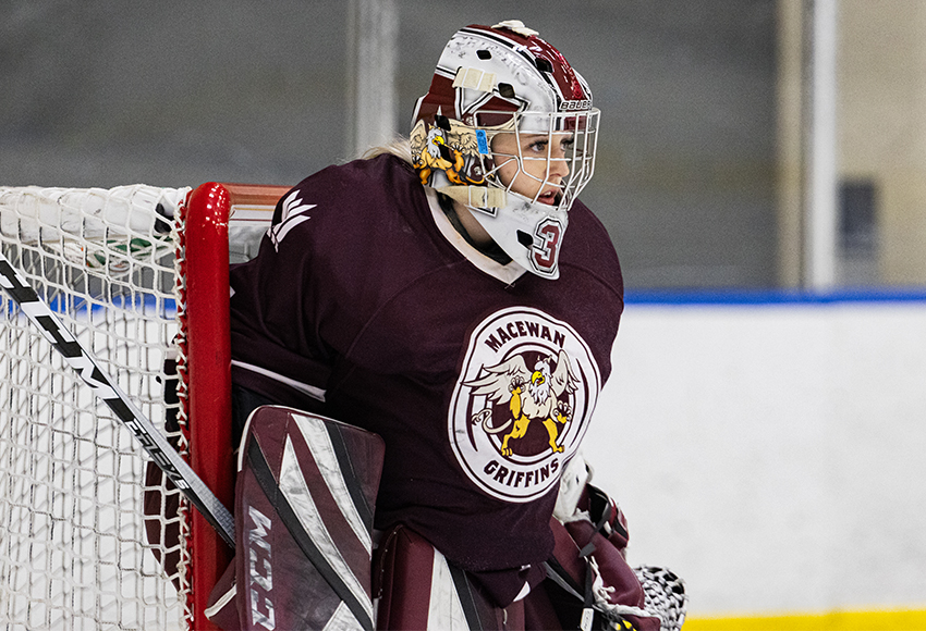 Brianna Sank allowed just one goal against on 45 shots over two games from the Regina Cougars, leading MacEwan to a weekend sweep (Joel Kingston photo).