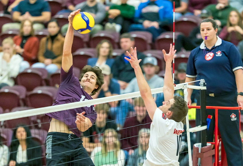 Alexei Walisser recorded 35 kills in two matches against UBC on the weekend (Robert Antoniuk photo).
