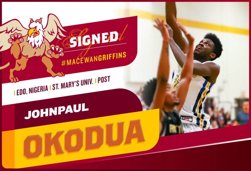 Big 6-foot-9 post Johnpaul Okodua led the ACAC in blocks/game and was second in rebounding for St. Mary's last season. He'll bring a huge inside presence for the Griffins as he transitions to the Canada West ranks.