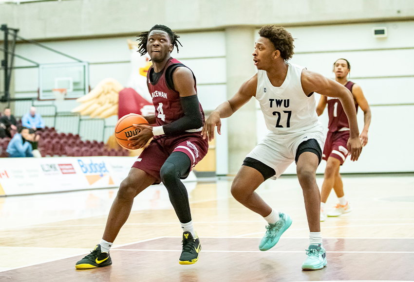 Matthew Osunde, seen in action against Trinity Western last month, had a double double for the Griffins on Saturday in Lethbridge (Eduardo Perez photo).