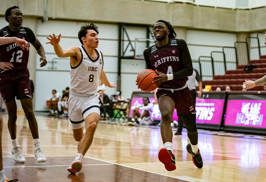 Matthew Osunde drives to the hoop against UBC in a game last month. The Griffins resume action on their 2023-24 campaign with a visit to Alberta this weekend (Eduardo Perez photo).