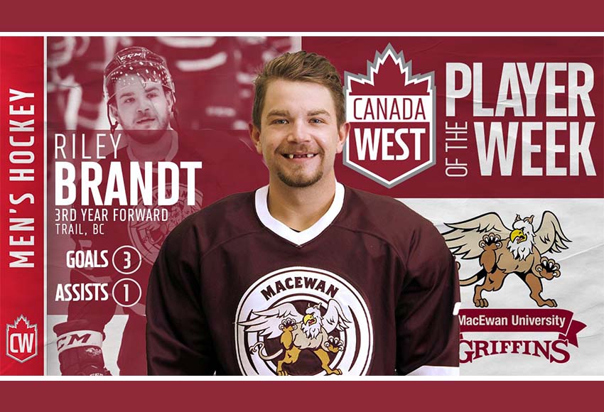 Brandt named Canada West men's hockey player of the week