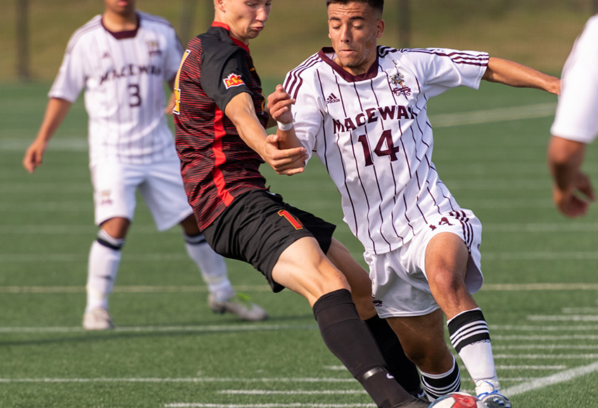 Rookie Michael Enes, seen in action against Calgary earlier this season, had one of MacEwan's best chances to score against UBCO on Friday night, but he was robbed by Heat goalkeeper Nicholas Reitsma (Chris Piggott photo).