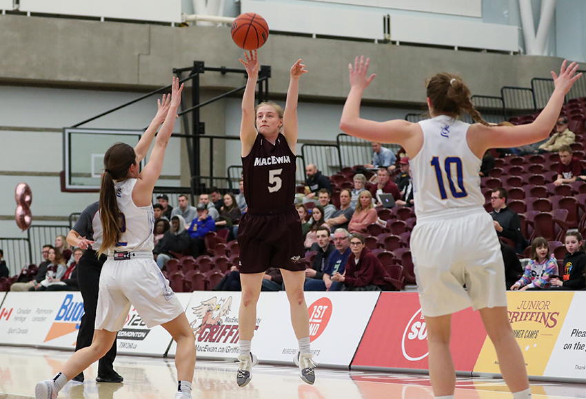 Hayley Lalor puts up a three-point attempt on Saturday. The Griffins' offence was forced to the outside for much of the game after the Pronghorns made a concerted effort to shut down MacEwan's post game (Eduardo Perez photo).