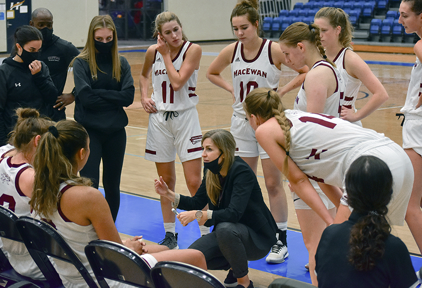 Katherine Adams talks with her team during a preseason game against UBC-Okanagan. The Griffins will look to regroup after dropping their season opener to Mount Royal University on Friday (Dallas Hancox photo).