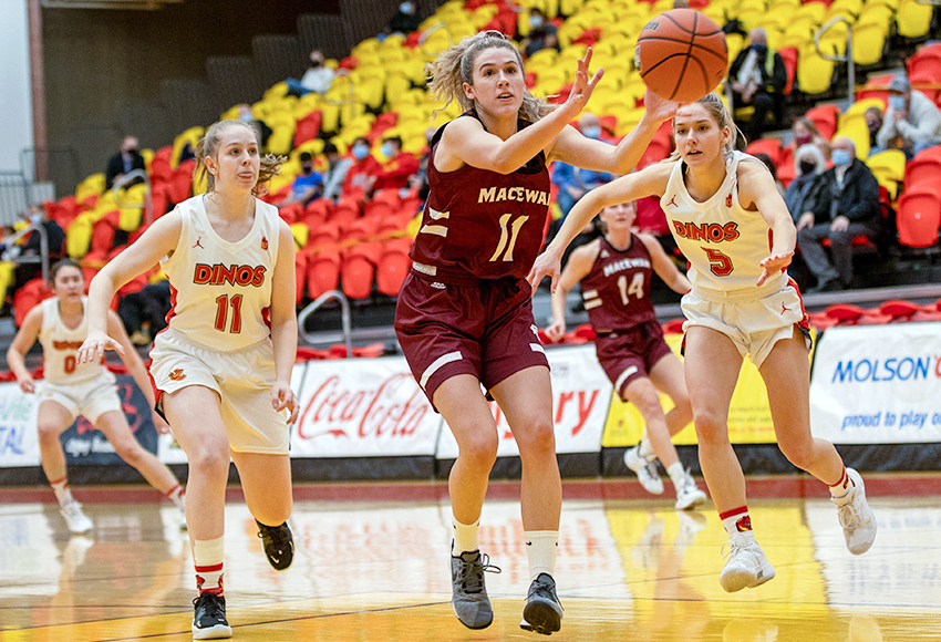 Mady Chamberlin passes the ball during Friday's contest. The Griffins lost 50-46 to the Dinos (Chris Lindsey photo).