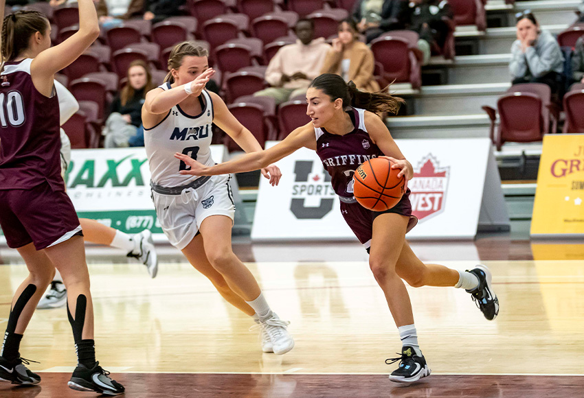 Allie Spenrath drives to the hoop against Mount Royal last Saturday. The Griffins narrowly lost 55-51 and hope to build off that gritty effort against Saskatchewan this weekend (Eduardo Perez photo).