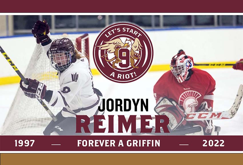 Jordyn Reimer played for the Griffins from 2015-2020. Among favourite memories from her teammates, she's credited with making 'Let's Start a Riot' the team's goal song.