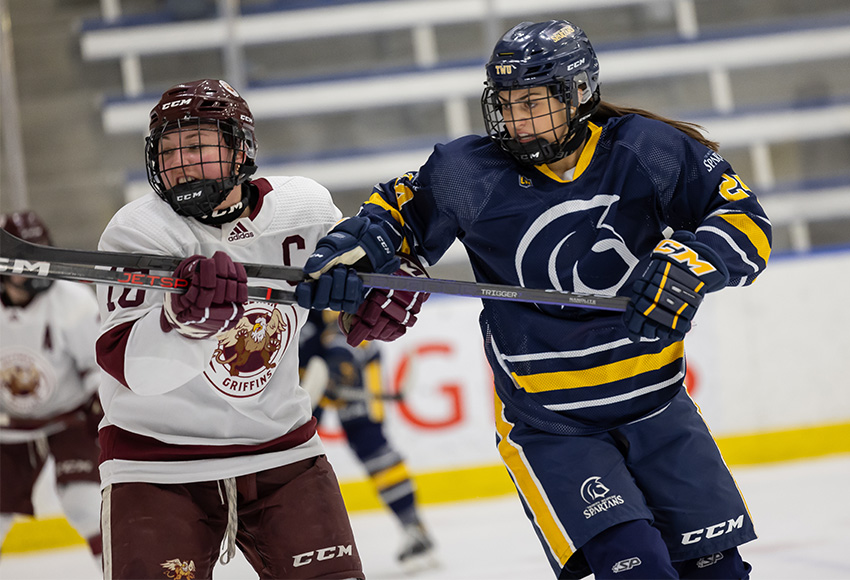 The Griffins built an early 3-1 lead on Trinity Western, but the visitors came out flying in the third period, rallying back to win the game (Rebecca Chelmick photo).