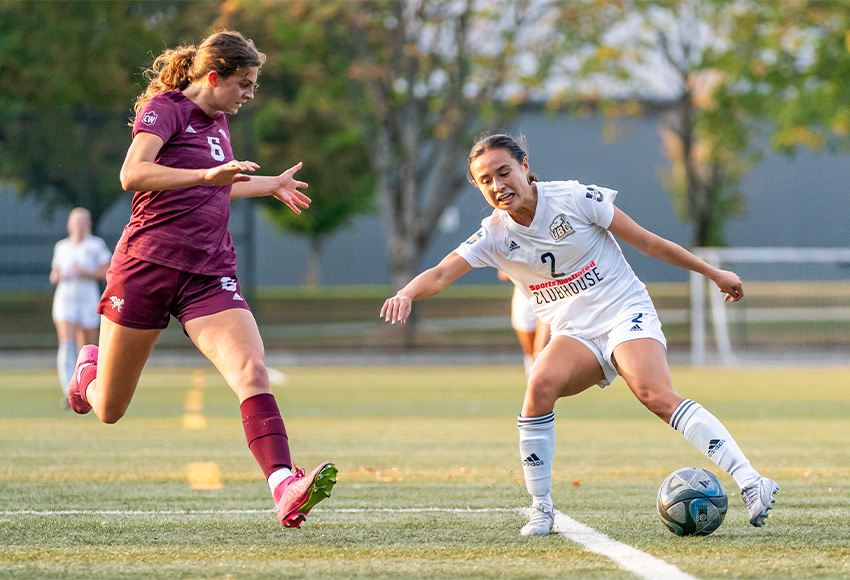 Amelia Russo, seen in action against UBC last weekend, was named MVP for the Griffins after a strong effort all over the pitch (UBC photo).
