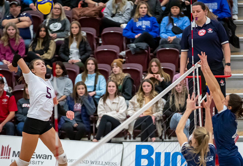 Mariah Bereziuk, seen in action against Trinity Western earlier this season, led the Griffins with 11 kills against Alberta on Saturday (Eduardo Perez photo).
